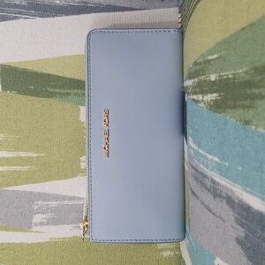 Michael Kors Pale Blue Saffiano Zip Continental Wallet with Gold Logo
